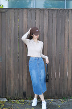 Load image into Gallery viewer, PEONY DENIM FRONT SLIT MIDI SKIRT
