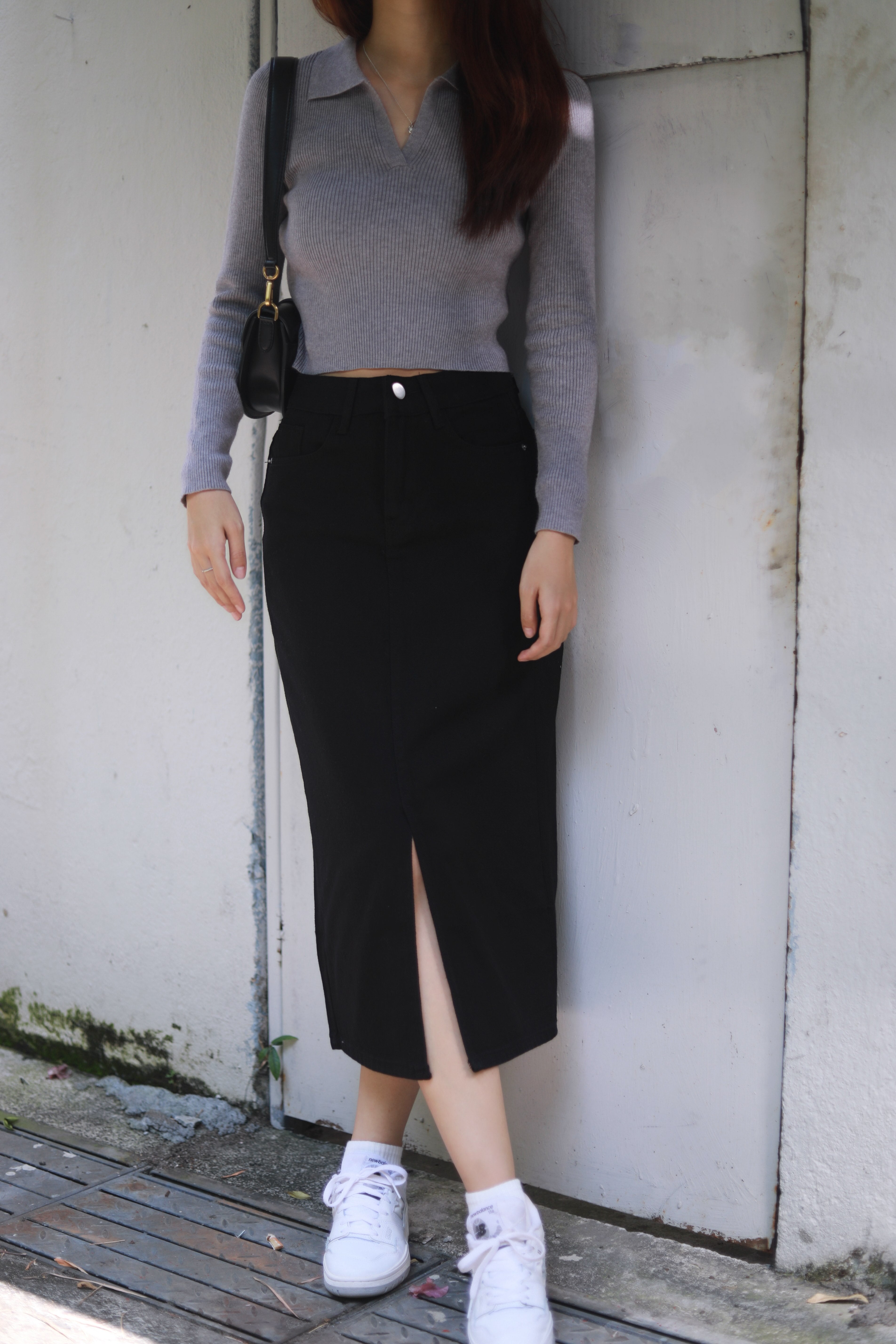 PEONY DENIM FRONT SLIT MIDI SKIRT