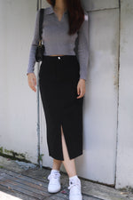 Load image into Gallery viewer, PEONY DENIM FRONT SLIT MIDI SKIRT
