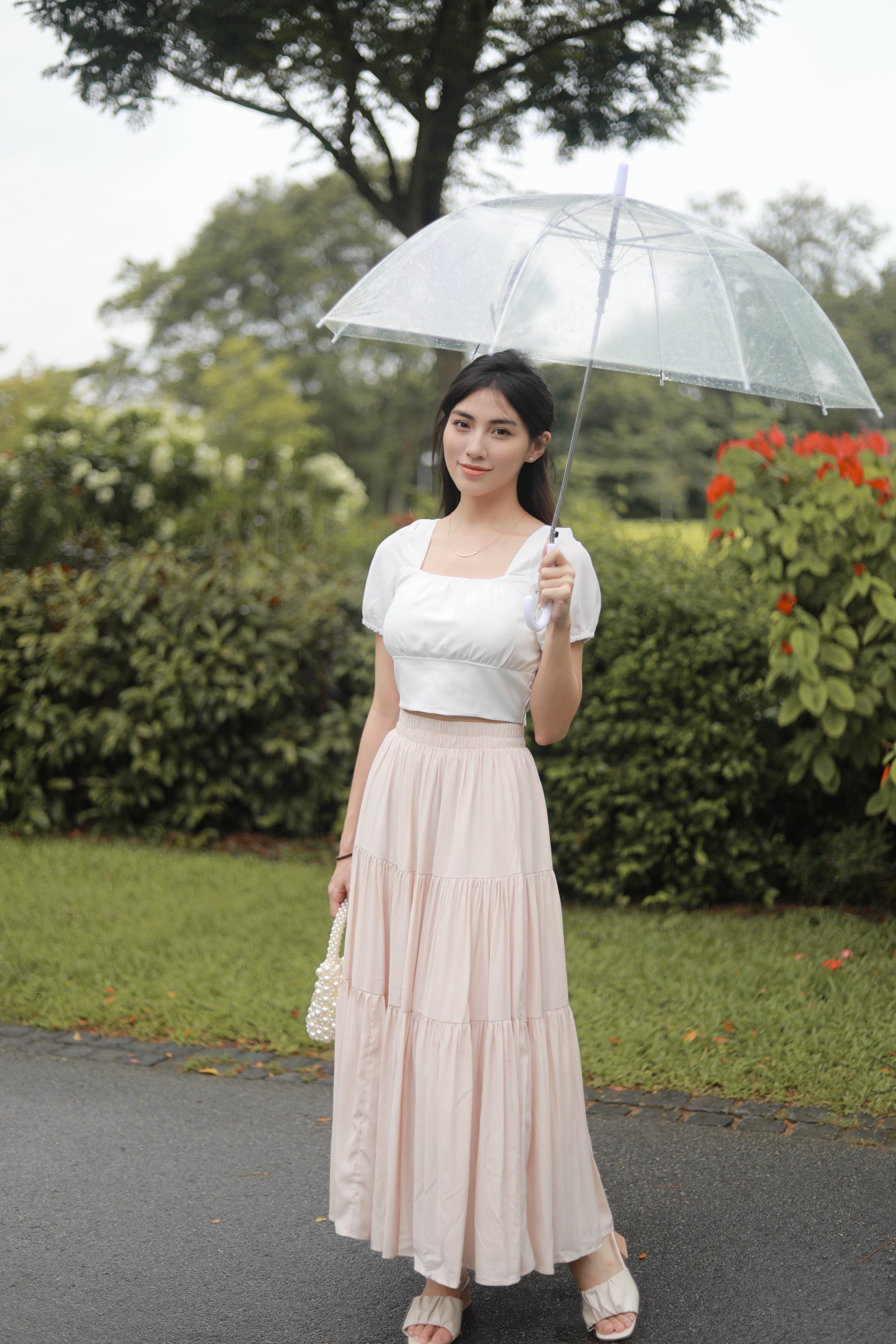 TIERED FLARE MAXI SKIRT IN WHITE/BLACK/PINK