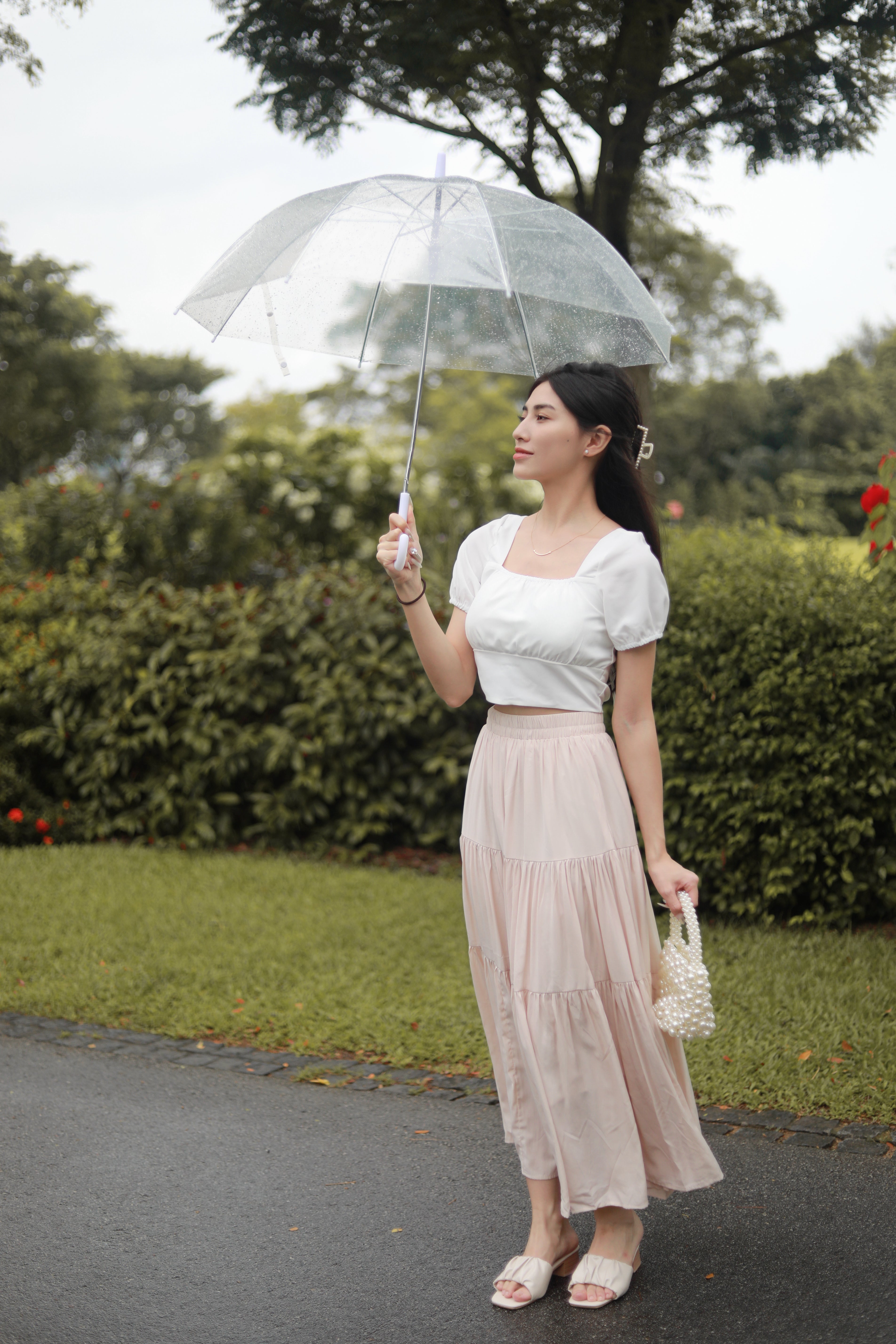 TIERED FLARE MAXI SKIRT IN WHITE/BLACK/PINK