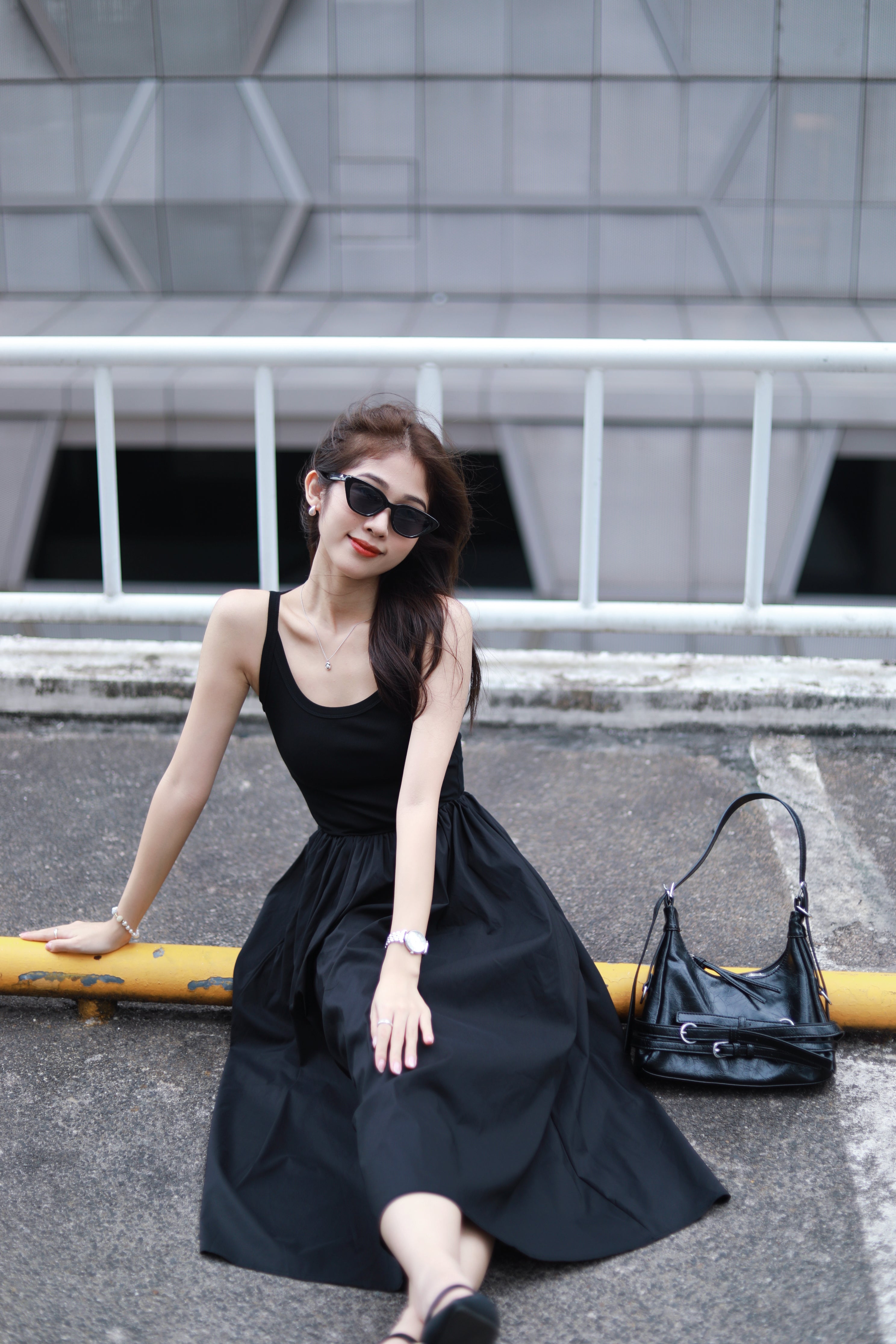 ALISA MIXED MATERIAL DRESS IN BLACK