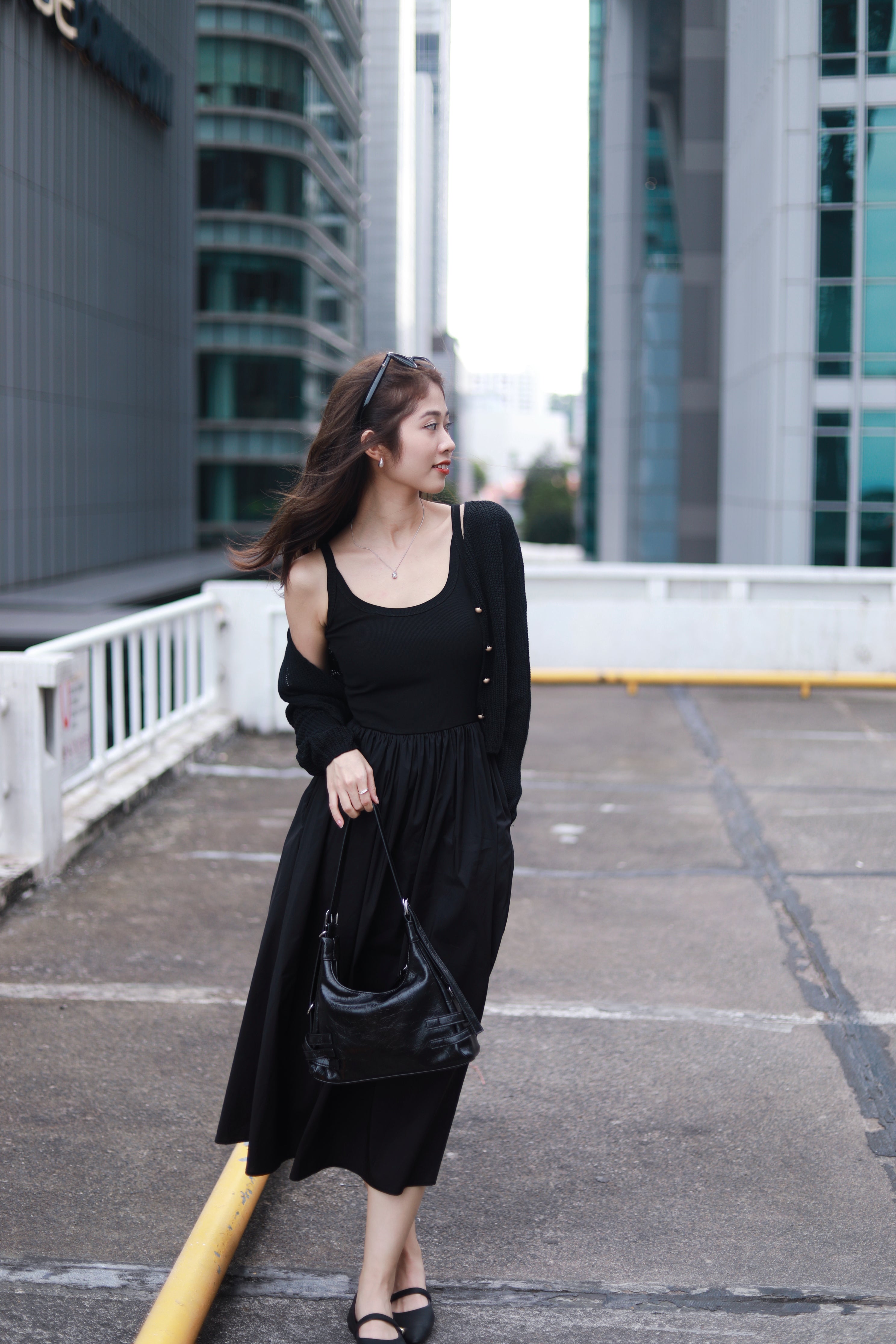 ALISA MIXED MATERIAL DRESS IN BLACK