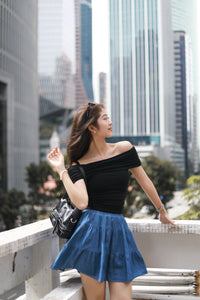 TIERED FLARE MINI RUFFLE SKORT IN DENIM