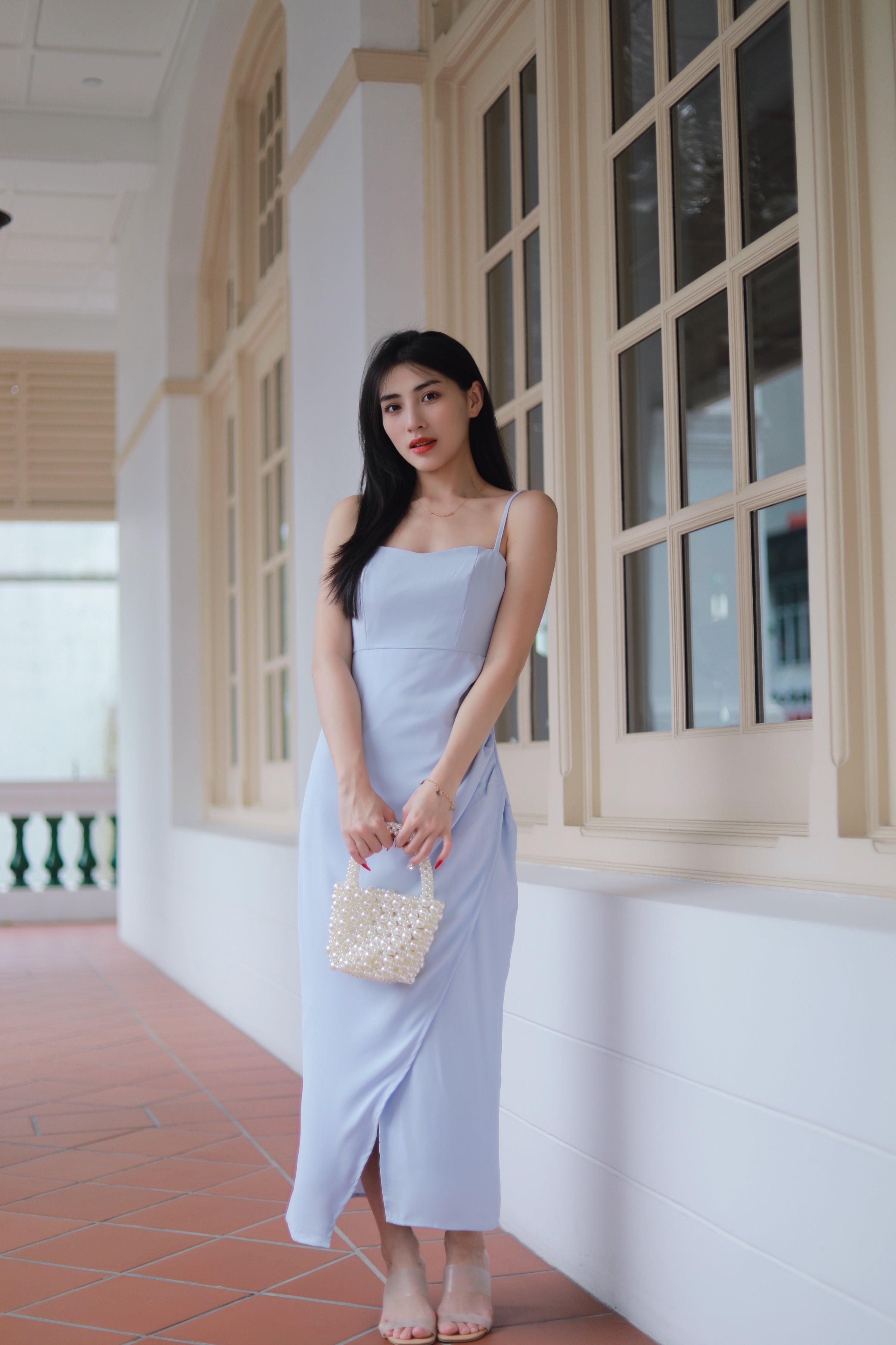 VERONIA RUCHED MAXI DRESS IN BABY BLUE