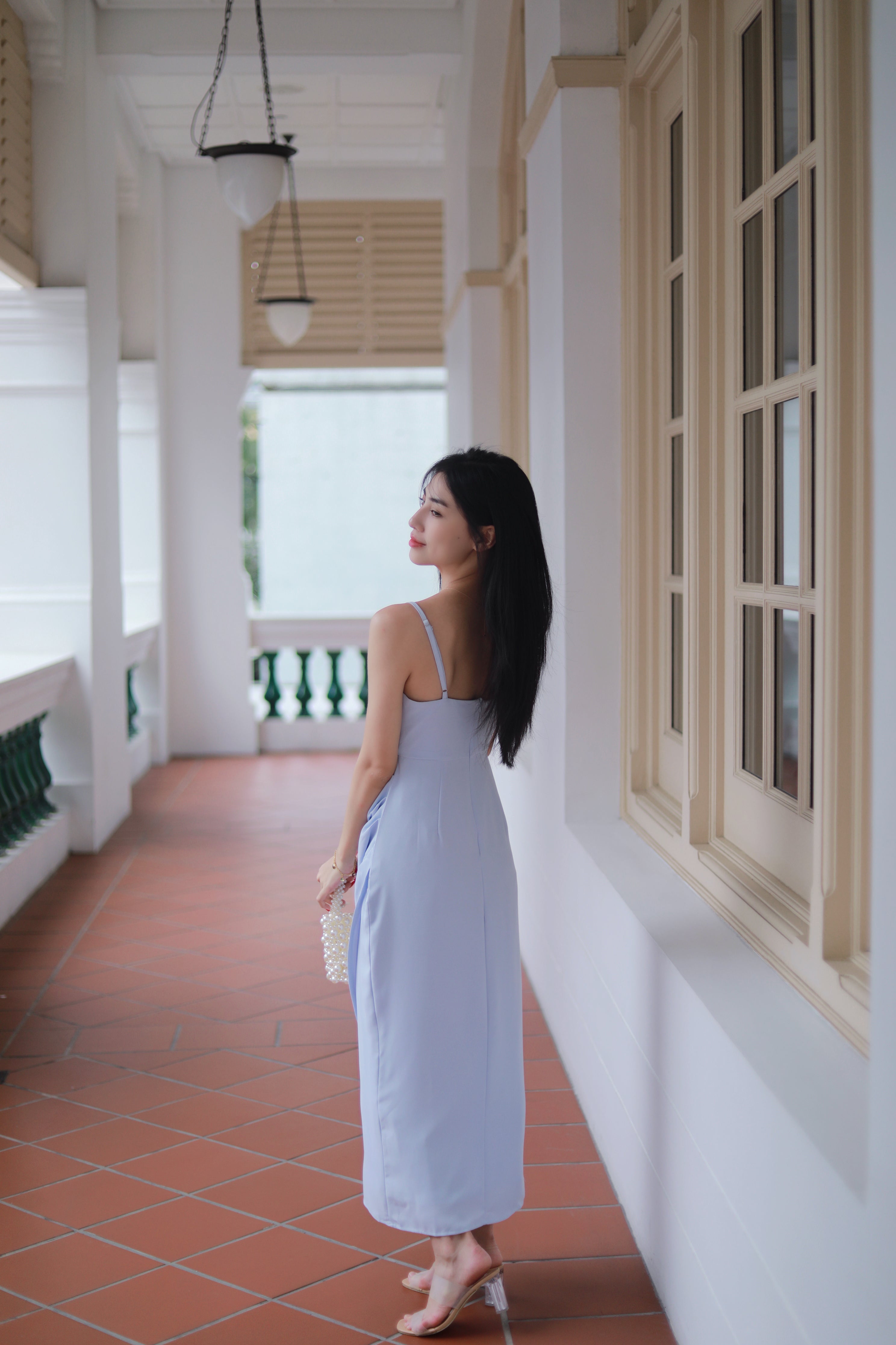 VERONIA RUCHED MAXI DRESS IN BABY BLUE