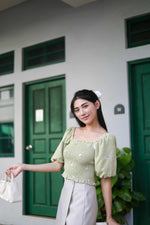 Load image into Gallery viewer, CHANTILLY SMOCKED EMBROIDERY PUFF SLEEVE TOP IN SAGE
