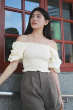 Load image into Gallery viewer, CHANTILLY SMOCKED EMBROIDERY PUFF SLEEVE TOP IN CREAM
