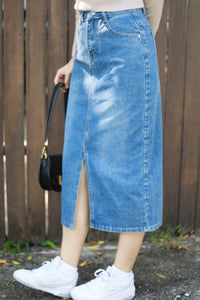 PEONY DENIM FRONT SLIT MIDI SKIRT