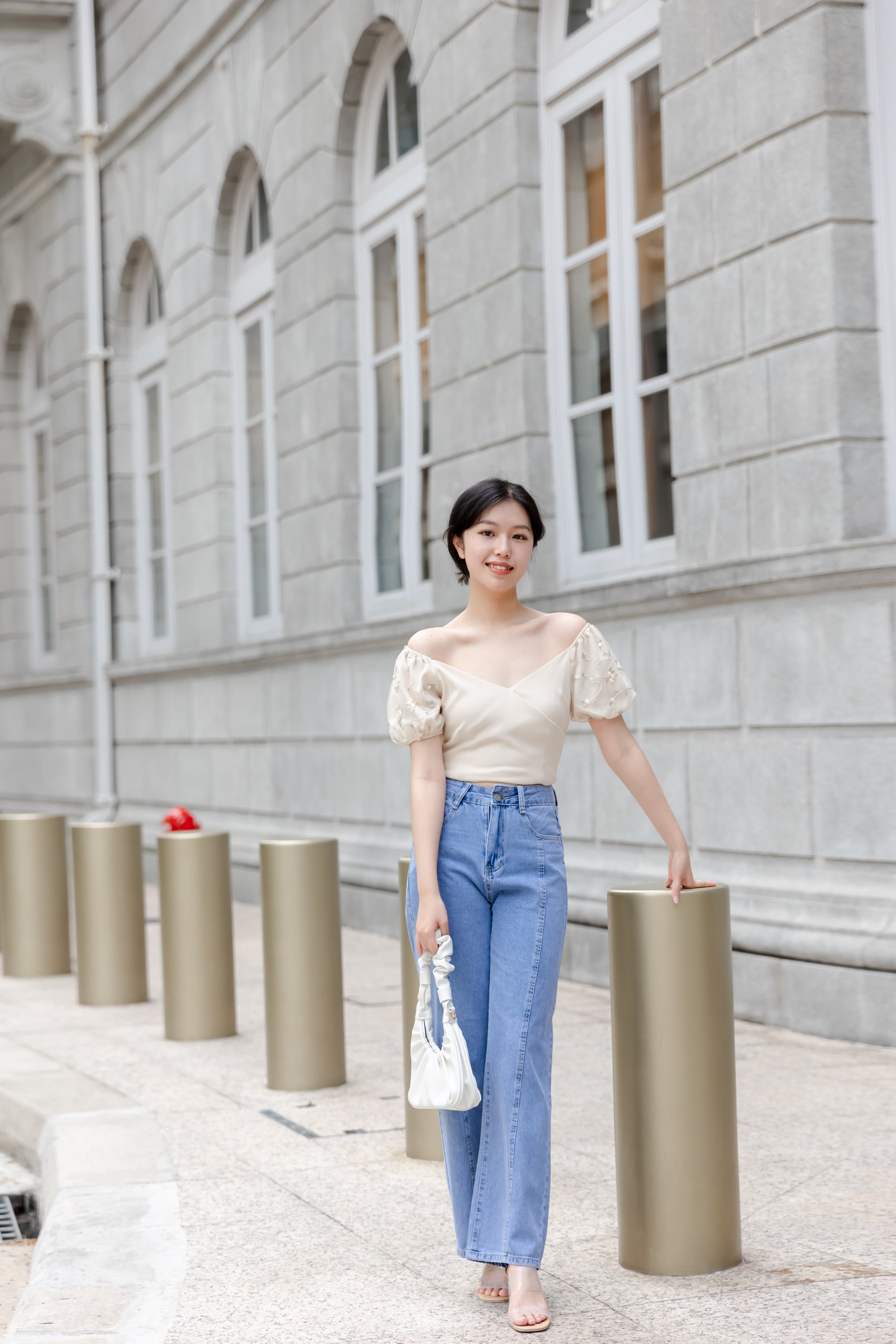 CASSIE EMBROIDERY OFF-SHOULDER TOP IN BEIGE