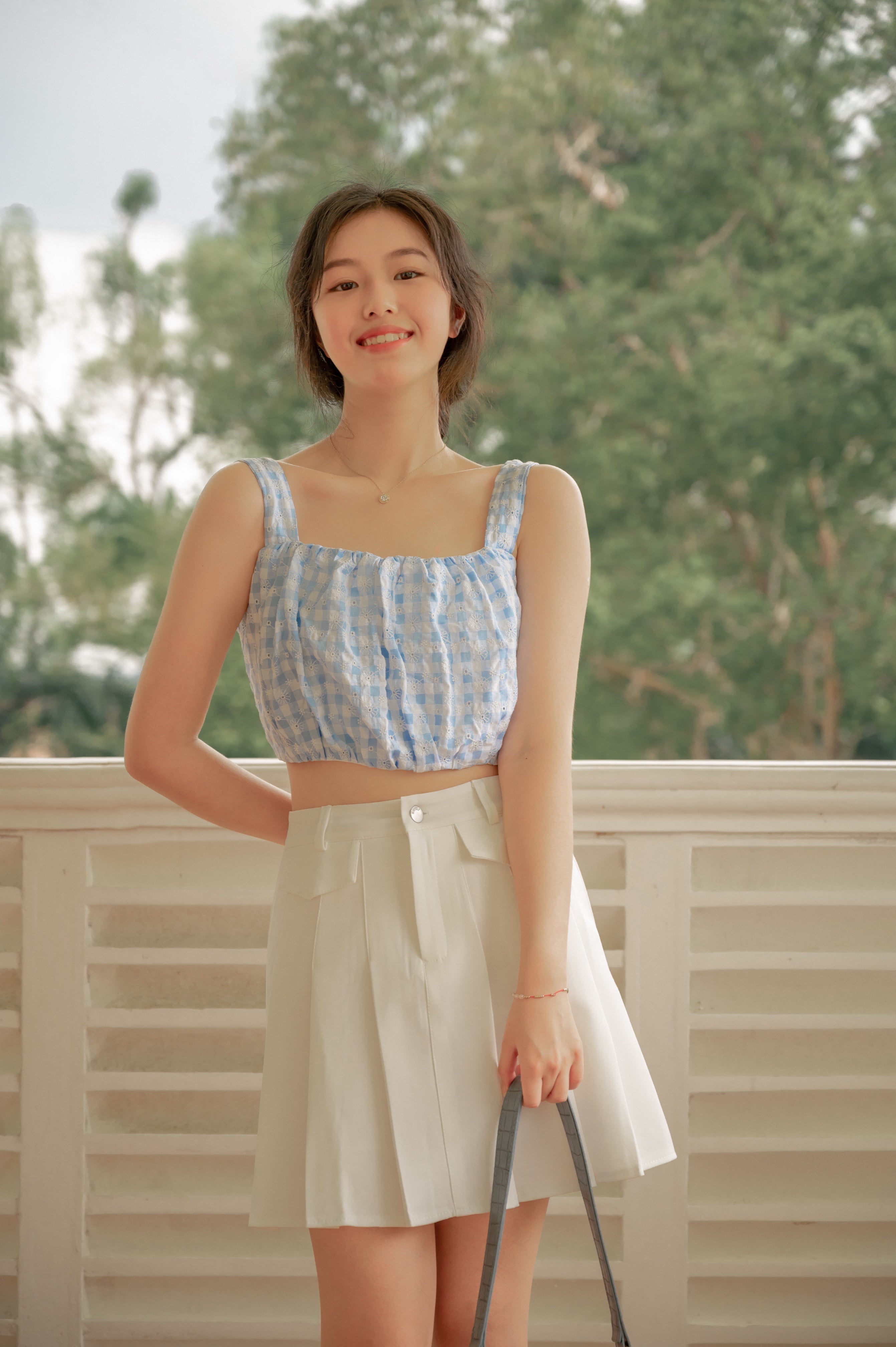 CARRIE GINGHAM RUCHED TOP (BLUE)