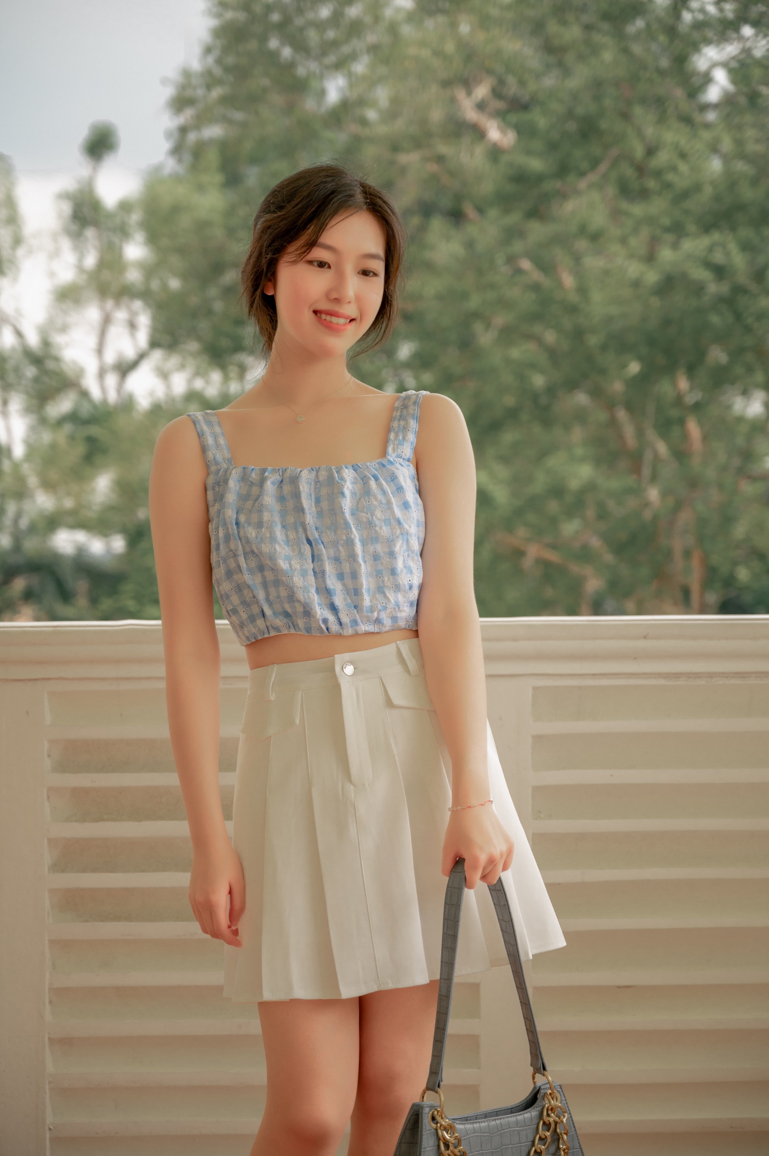 CARRIE GINGHAM RUCHED TOP (BLUE)