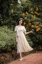 Load image into Gallery viewer, BERENICE TEXTURED PUFF SLEEVE MIDI DRESS IN CREAM
