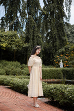 Load image into Gallery viewer, BERENICE TEXTURED PUFF SLEEVE MIDI DRESS IN CREAM
